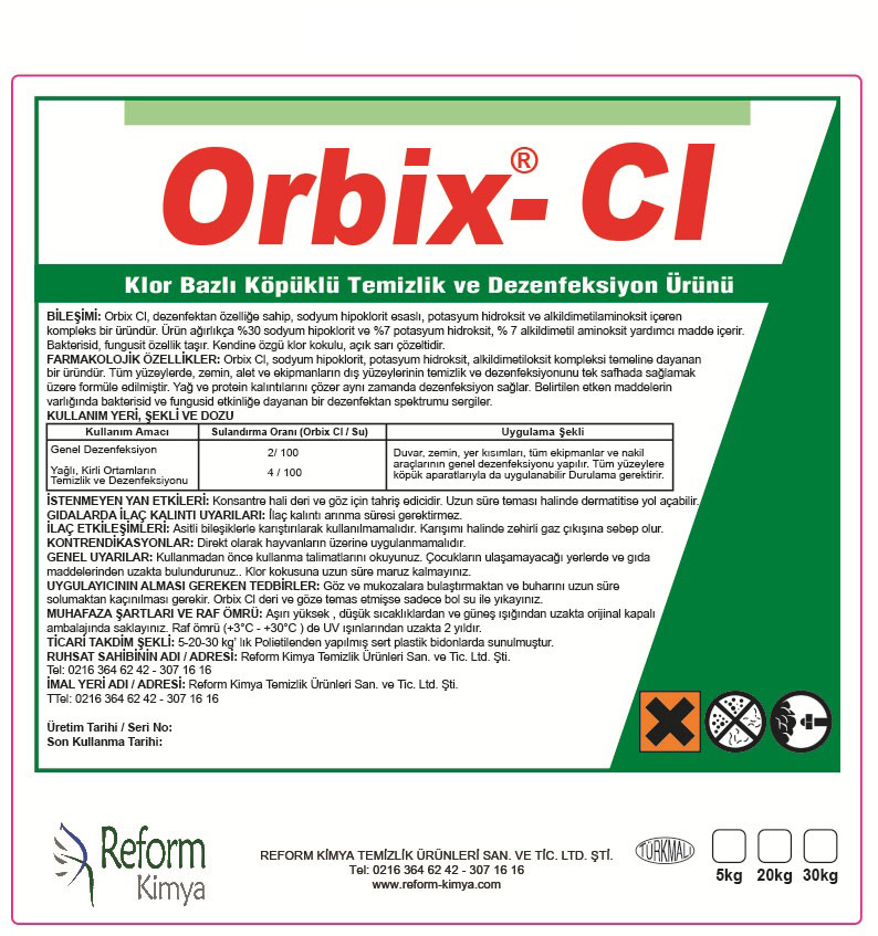 Orbix Cl Klor Bazlı Köpüklü Dezenfektan 30 Kg